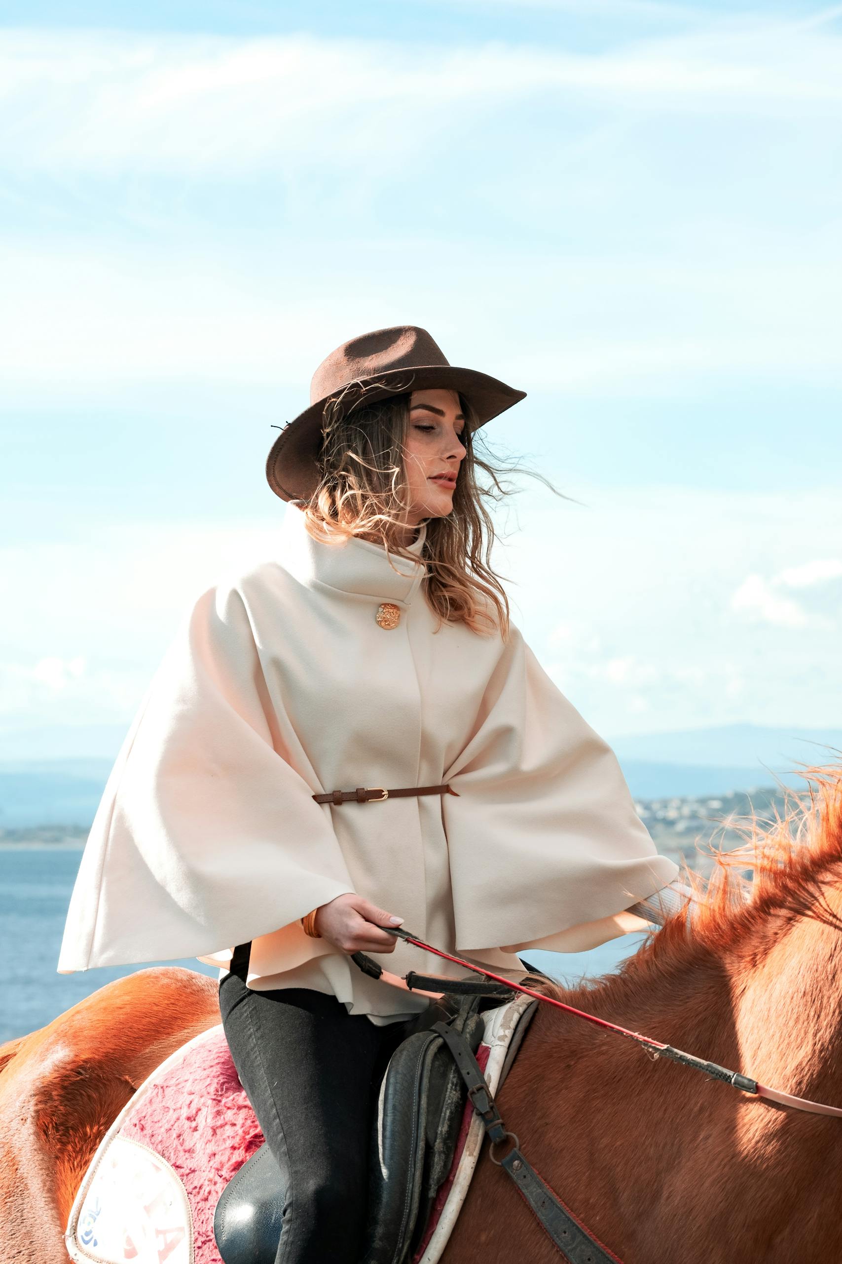 Woman in elegant attire on horseback with a scenic outdoor backdrop.